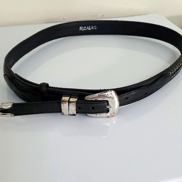 Black leather belt, size 39"..by Alcala's. Silver hardware. - Picture 1 of 8